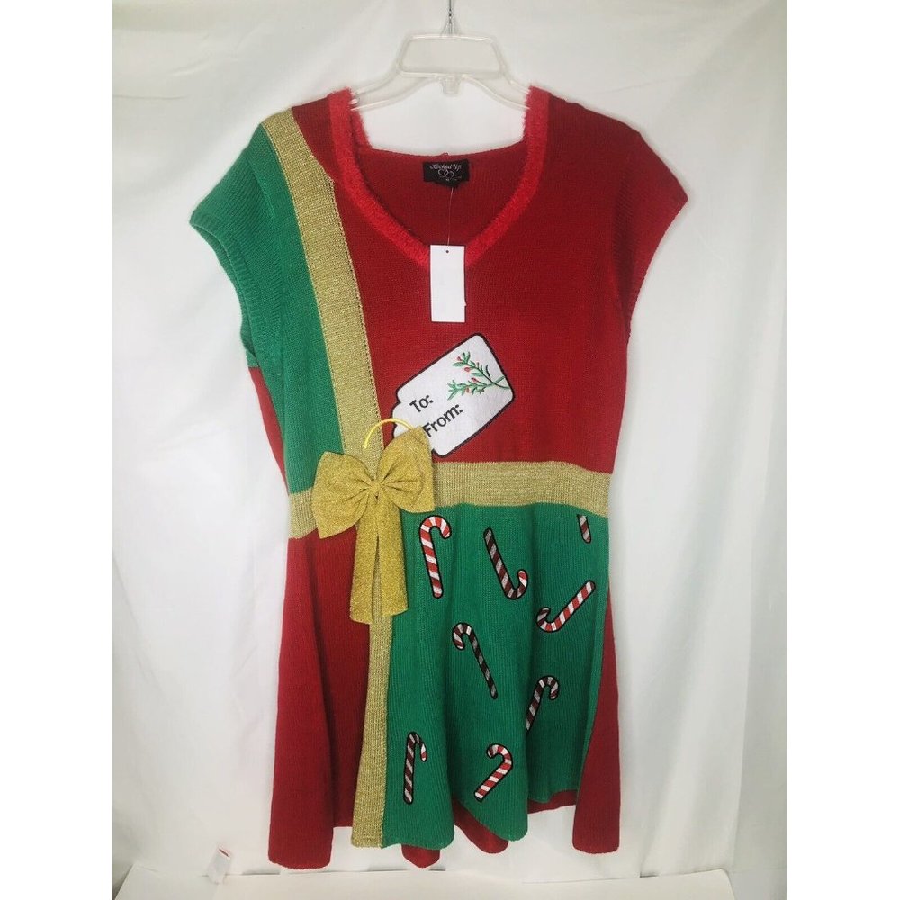Hooked Up CHRISTMAS Sweater Dress XL  Candy Cane Gold Bow Hoodie Stretch NWT